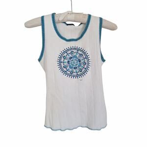 FANG Vintage White Mandala Tank Top Size M Blue Crochet Trim Summer Festival